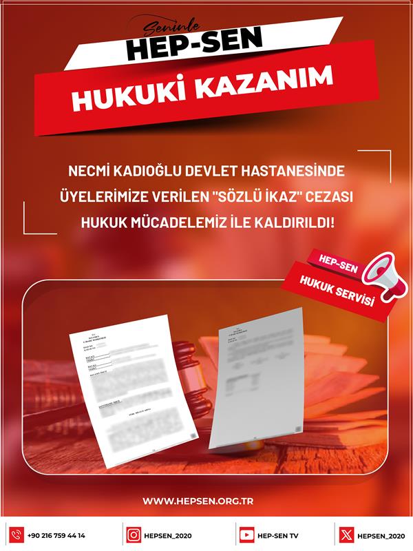 Necmi Kadıoğlu Devlet Hastanesinde Üyelerimize Verilen "Sözlü İkaz" Cezası Hukuk Mücadelemiz ile Kaldırıldı!